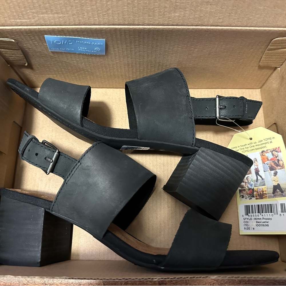 TOMS Women's Black Leather Poppy Sandals Heels NEW Size 8